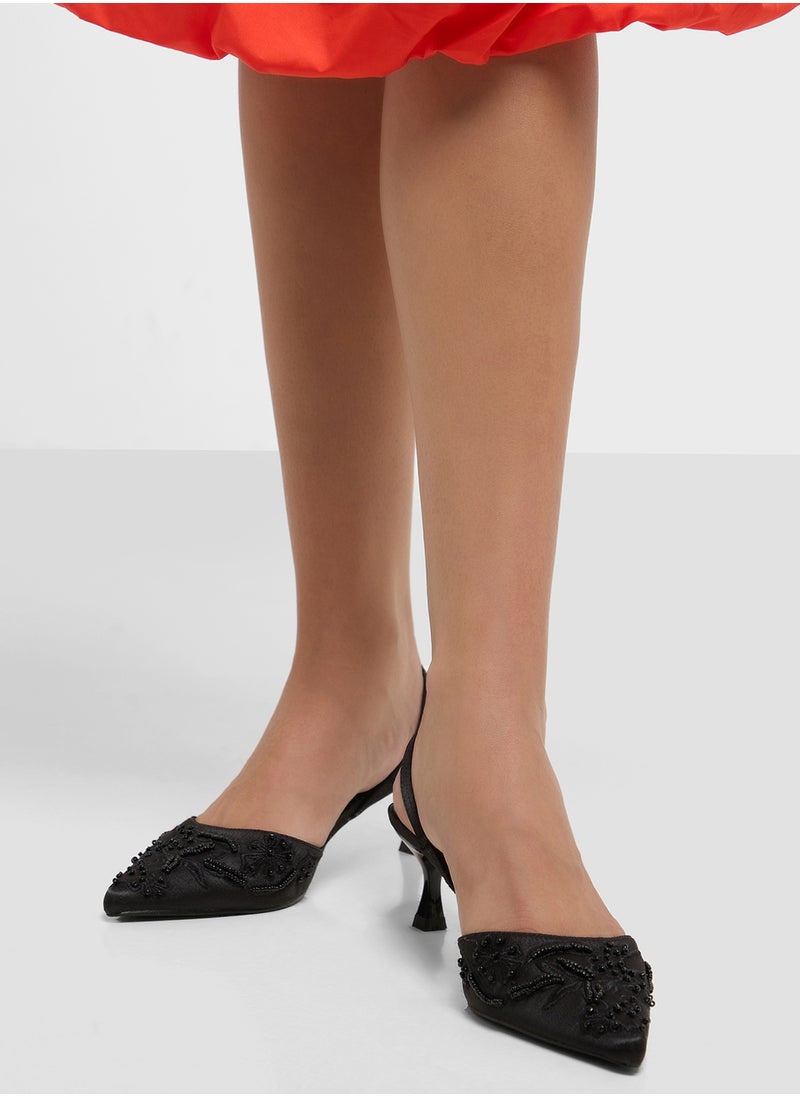 Floral Embroidered Pearl Detail Pointy Backstrappump