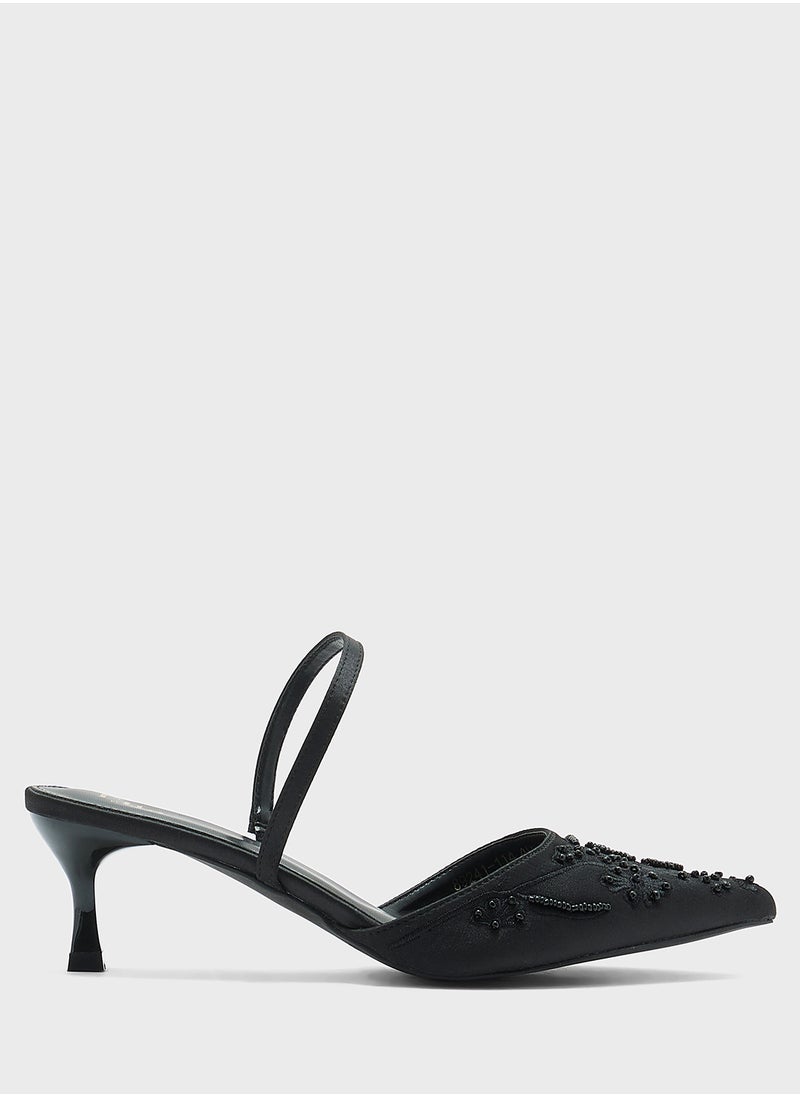 Floral Embroidered Pearl Detail Pointy Backstrappump