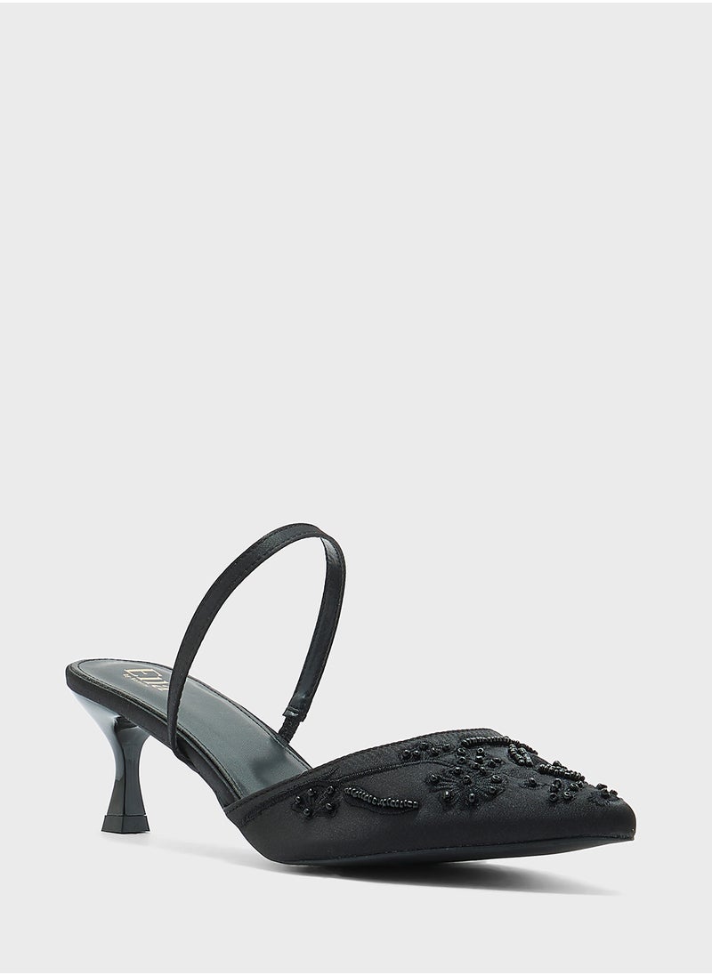 Floral Embroidered Pearl Detail Pointy Backstrappump
