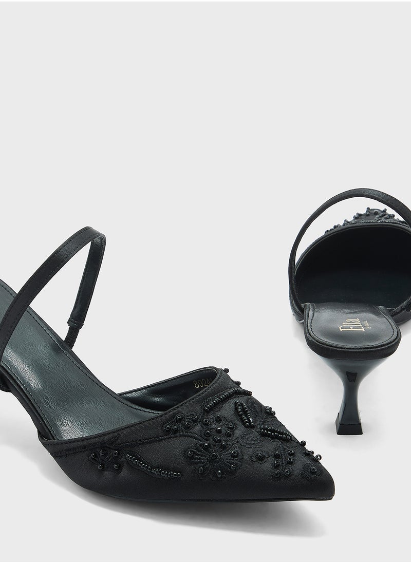 Floral Embroidered Pearl Detail Pointy Backstrappump