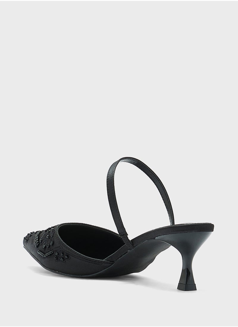 Floral Embroidered Pearl Detail Pointy Backstrappump
