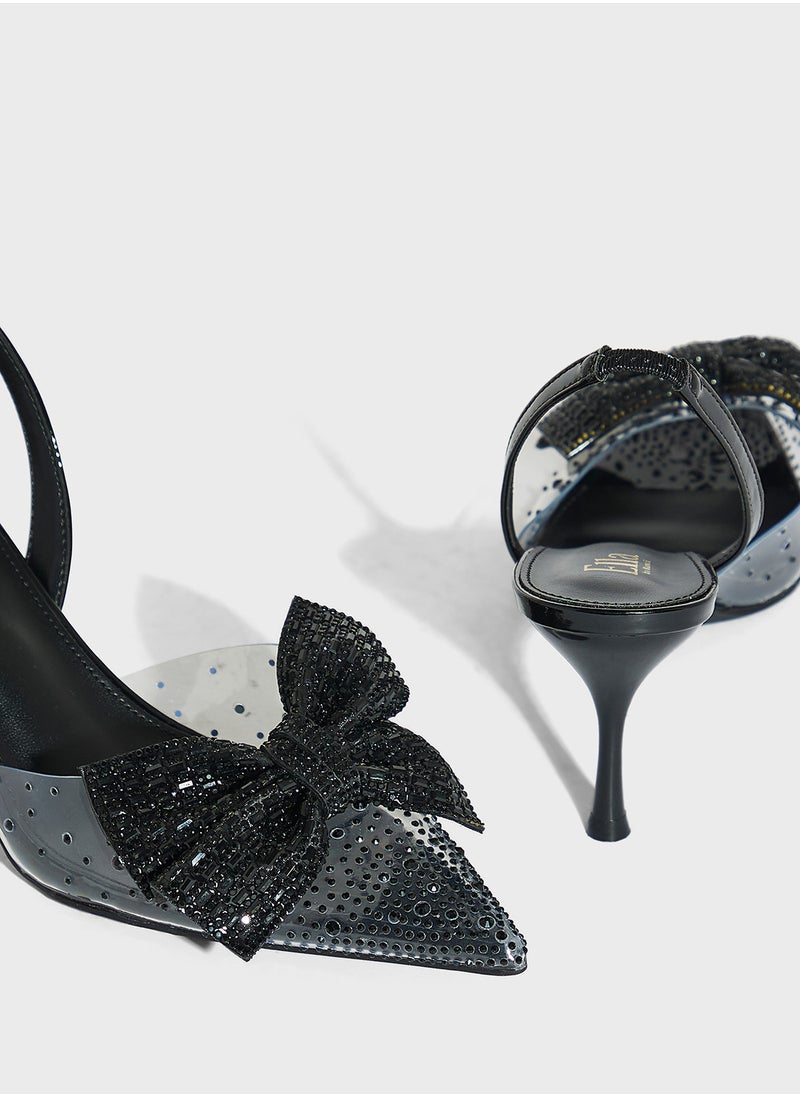 Diamante Bow Pointy Backstrap Pump