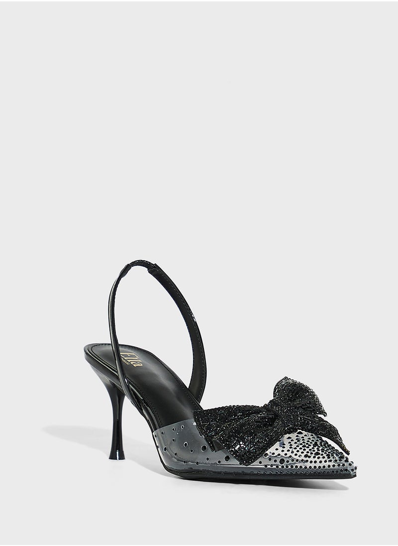 Diamante Bow Pointy Backstrap Pump