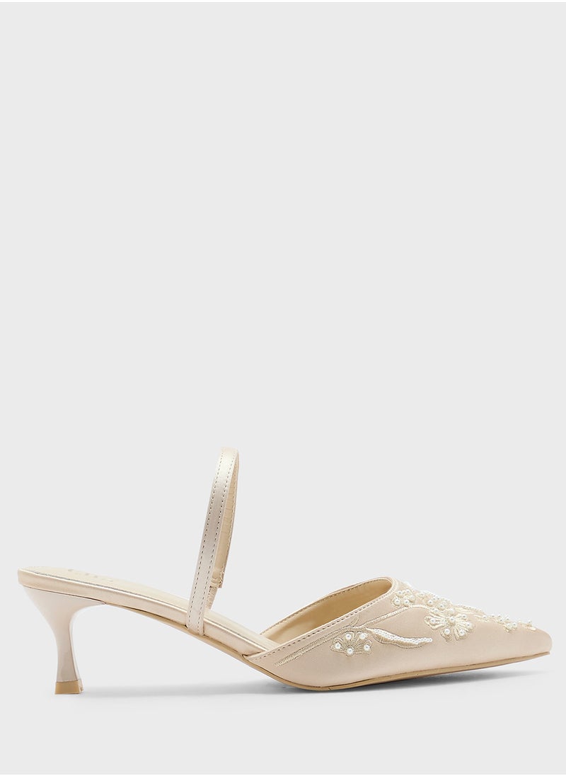Floral Embroidered Pearl Detail Pointy Backstrappump