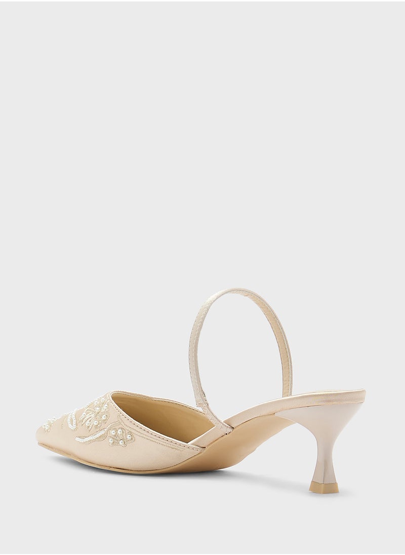 Floral Embroidered Pearl Detail Pointy Backstrappump