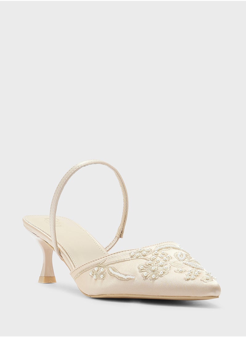 Floral Embroidered Pearl Detail Pointy Backstrappump