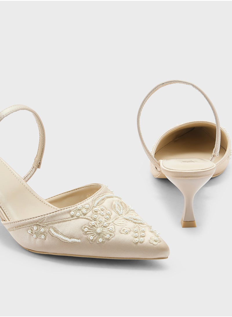 Floral Embroidered Pearl Detail Pointy Backstrappump
