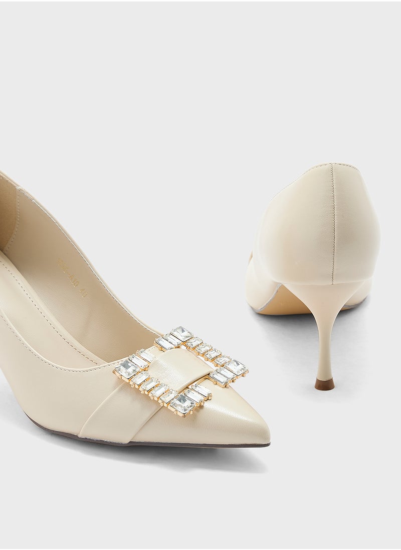 Diamante Trim Mid Heel Pointy Pump