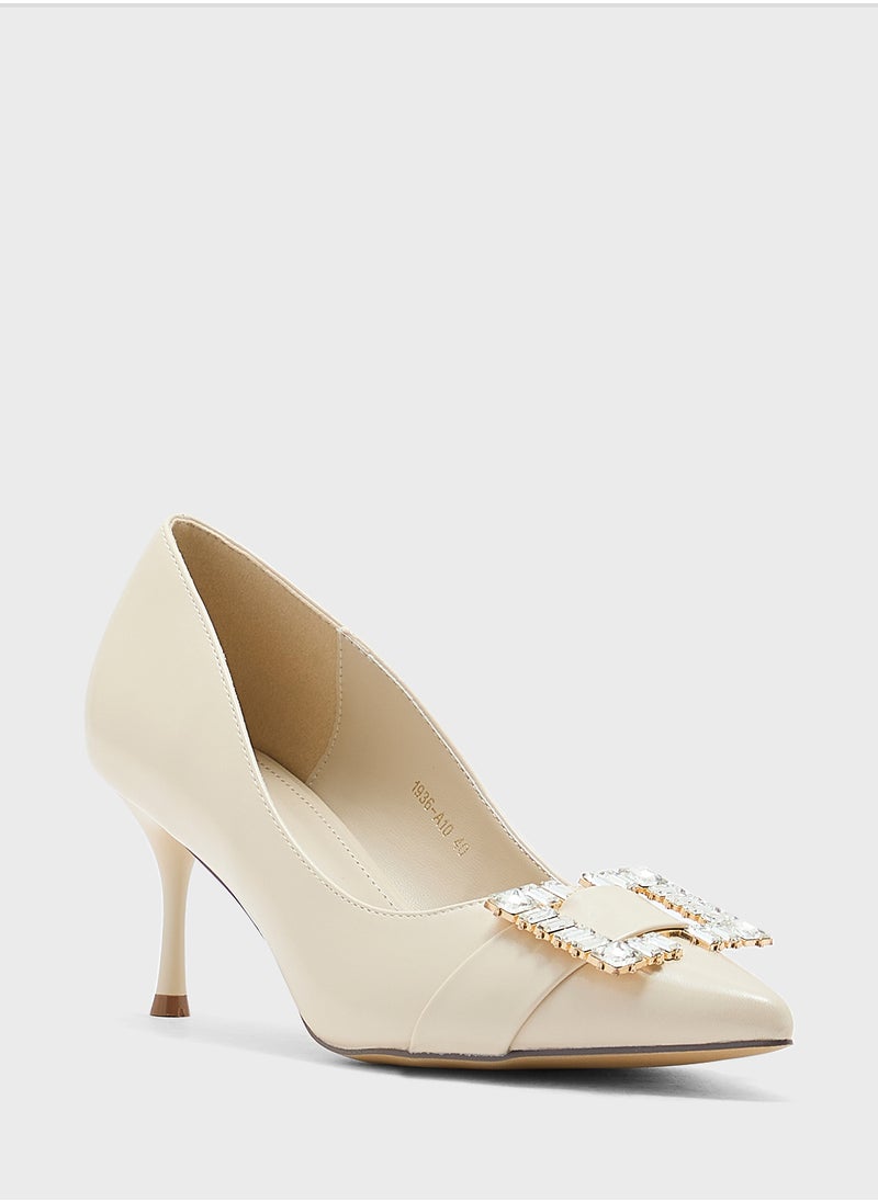 Diamante Trim Mid Heel Pointy Pump