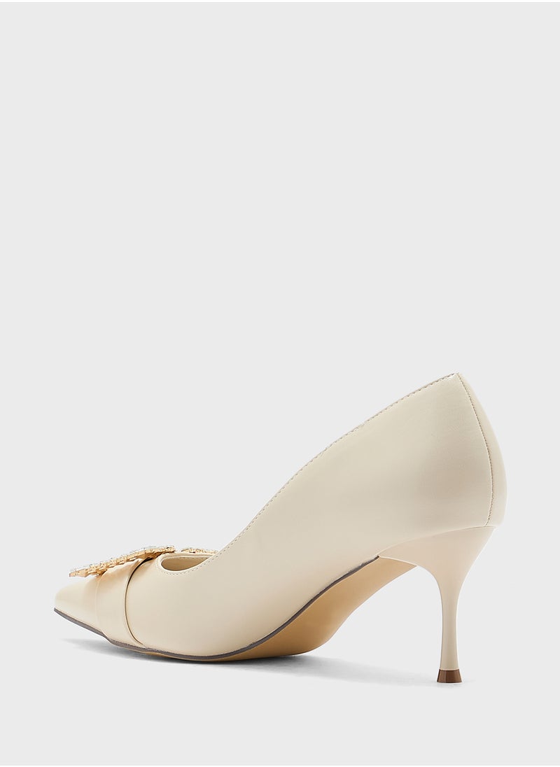 Diamante Trim Mid Heel Pointy Pump