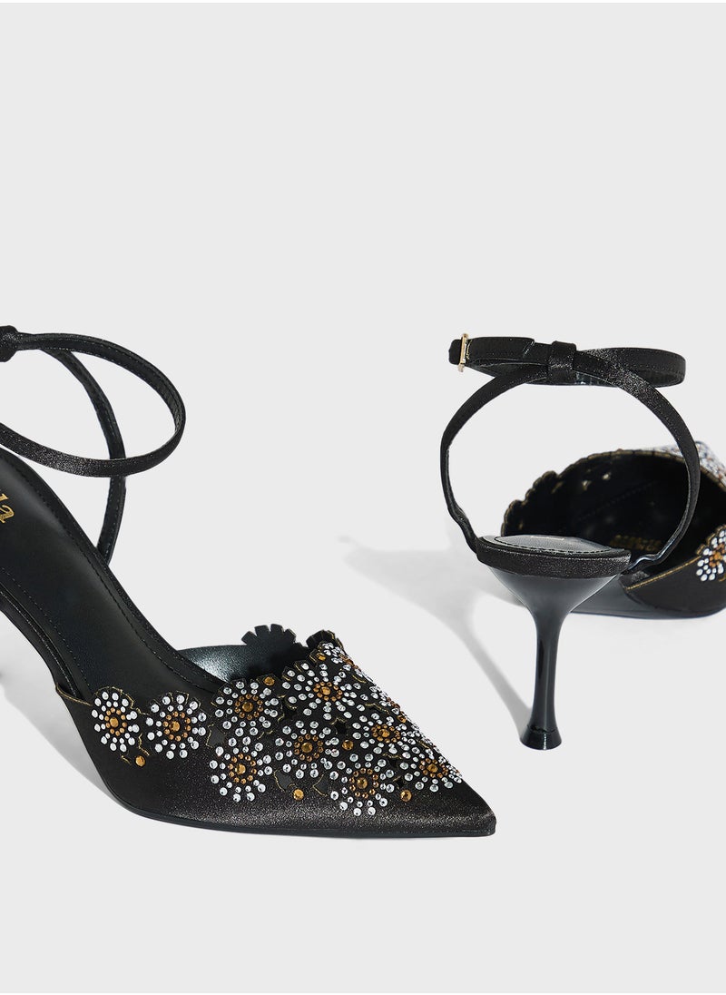 Floral Embellished Backstrap Pump