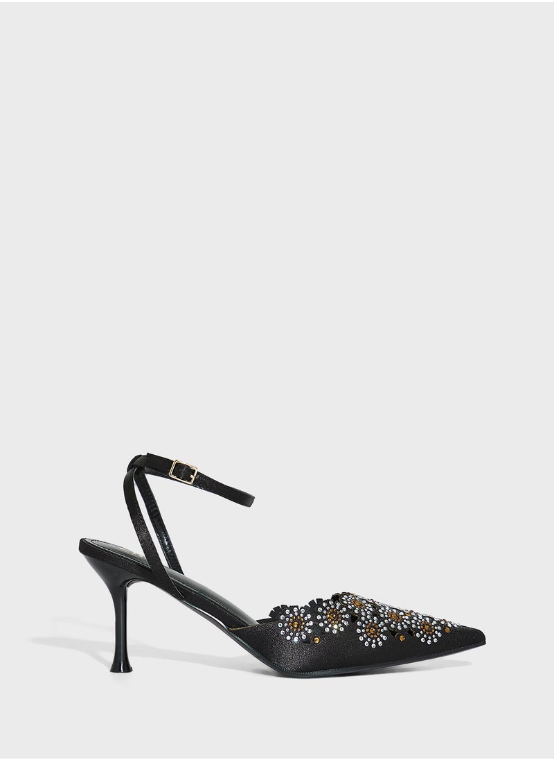 Floral Embellished Backstrap Pump