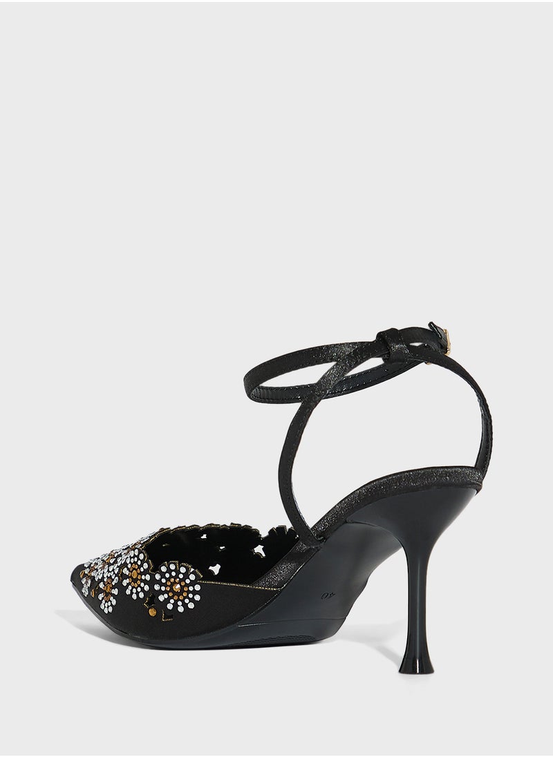 Floral Embellished Backstrap Pump
