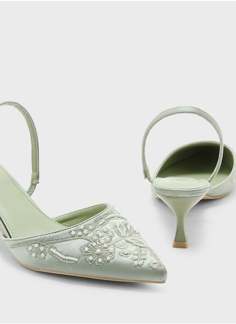 Floral Embroidered Pearl Detail Pointy Backstrappump