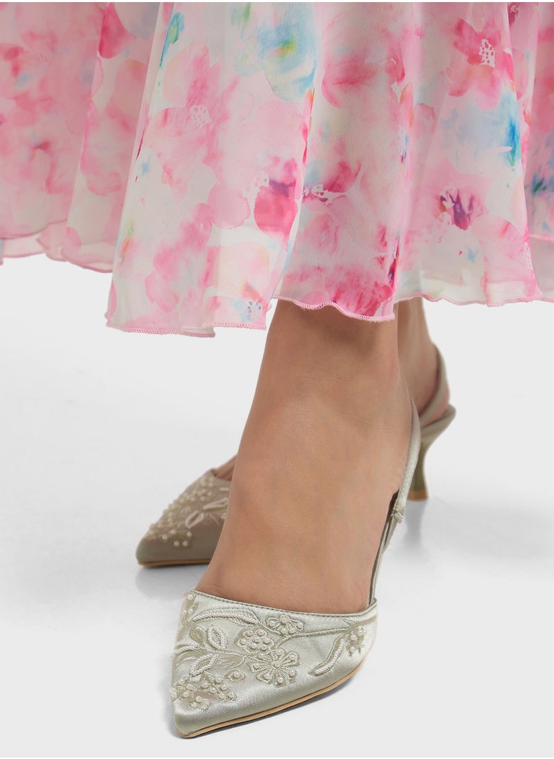 Floral Embroidered Pearl Detail Pointy Backstrappump