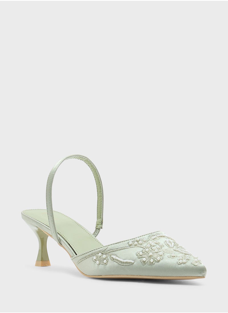 Floral Embroidered Pearl Detail Pointy Backstrappump