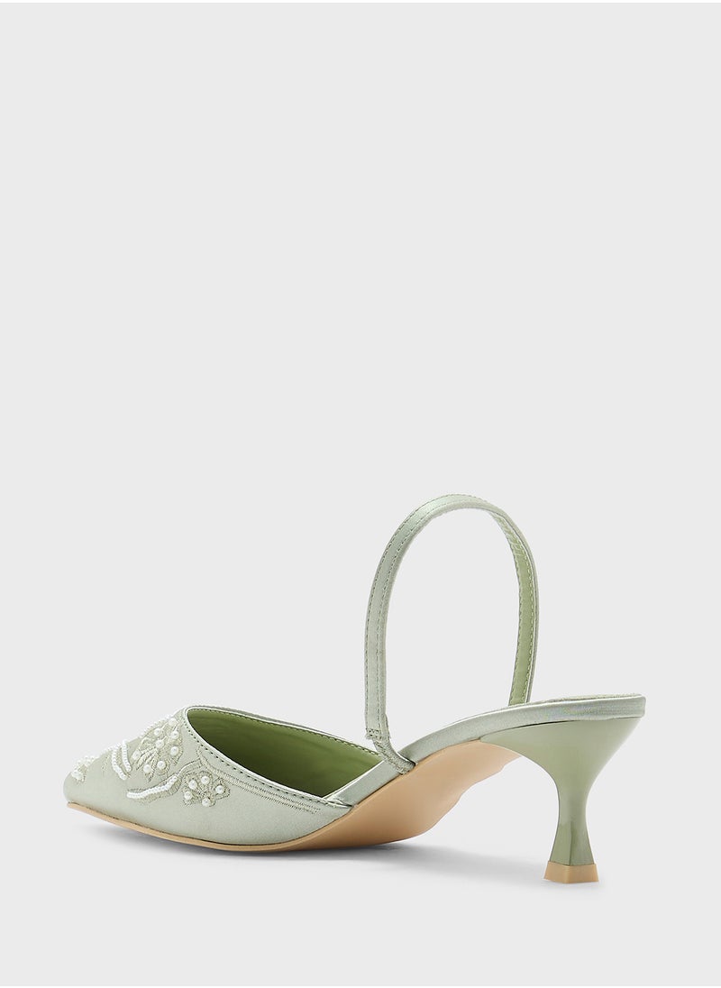 Floral Embroidered Pearl Detail Pointy Backstrappump
