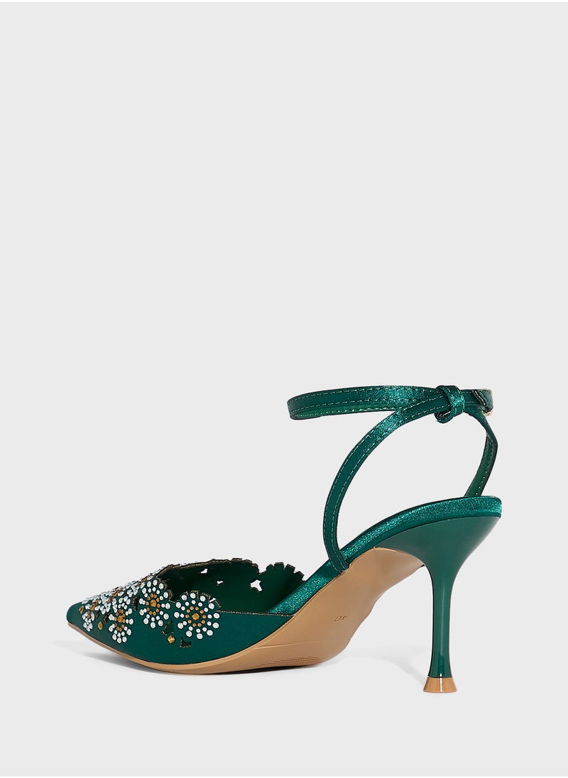 Floral Embellished Backstrap Pump