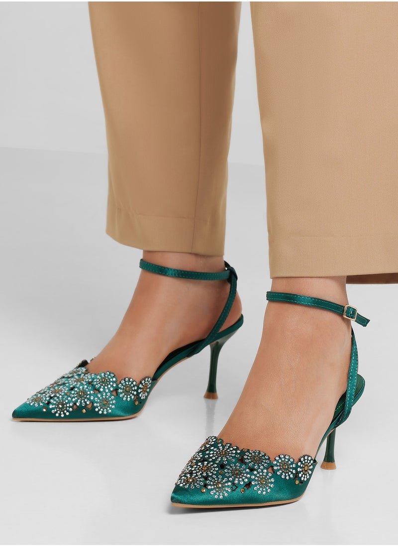 Floral Embellished Backstrap Pump