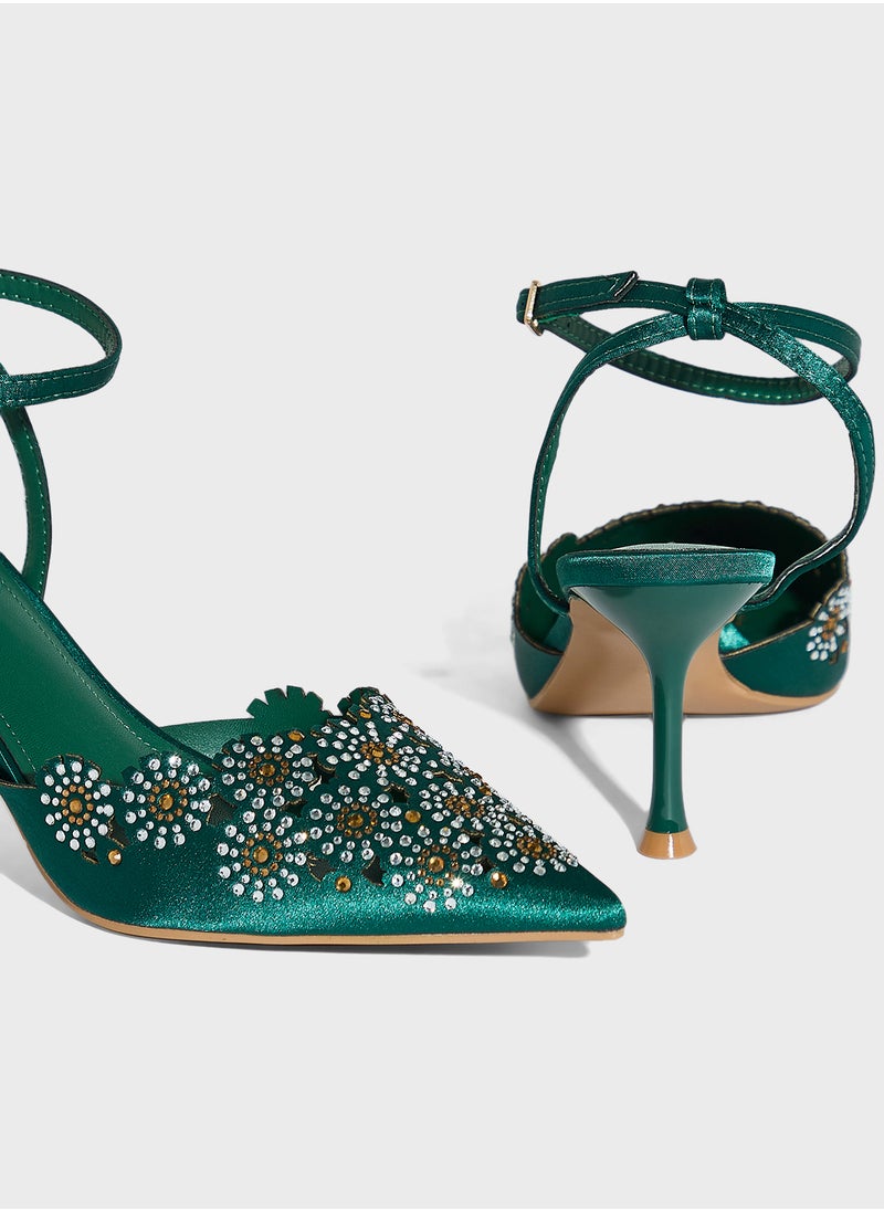 Floral Embellished Backstrap Pump