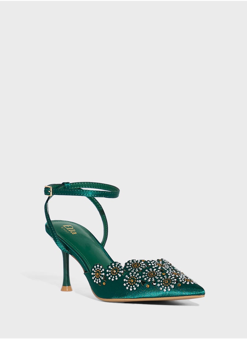 Floral Embellished Backstrap Pump