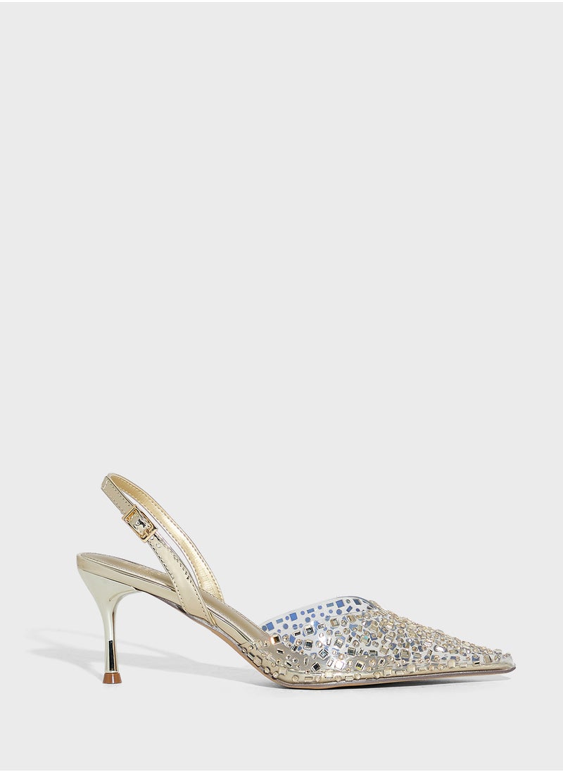 Diamante Clear Pointy Sling Back Pump