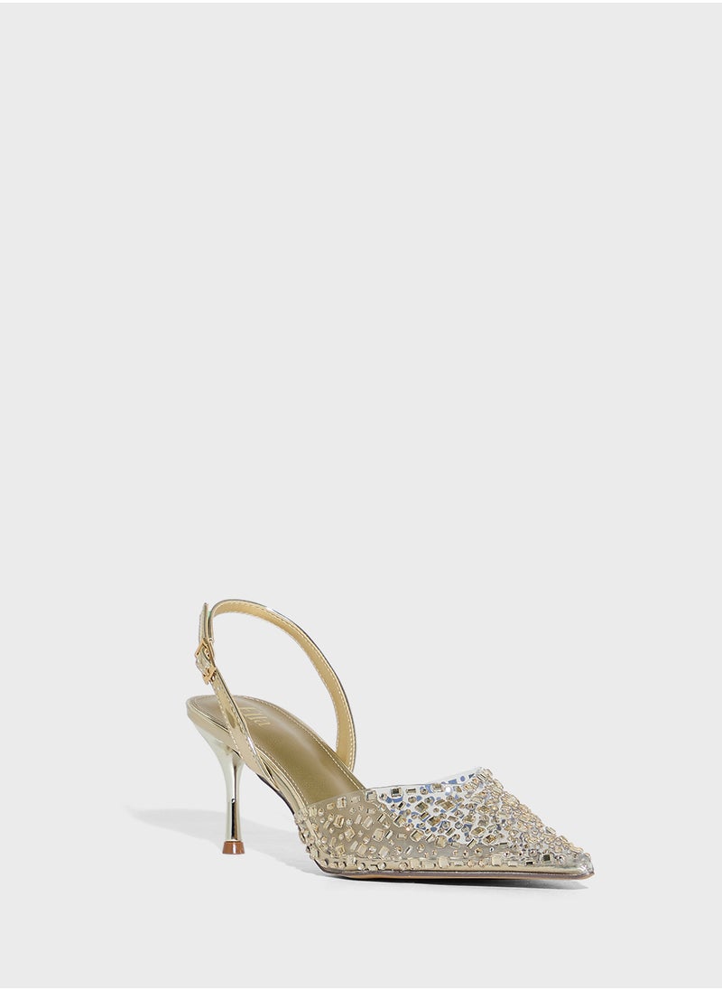Diamante Clear Pointy Sling Back Pump