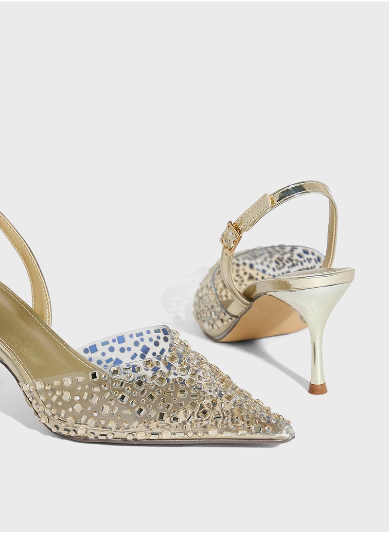 Diamante Clear Pointy Sling Back Pump
