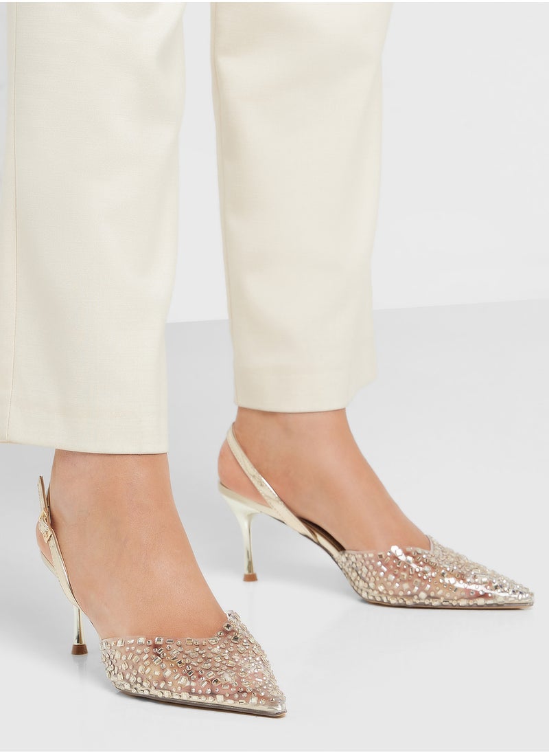 Diamante Clear Pointy Sling Back Pump