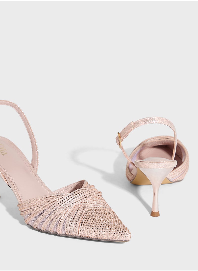 Multistrap Diamante Pointy Backstrap Pump
