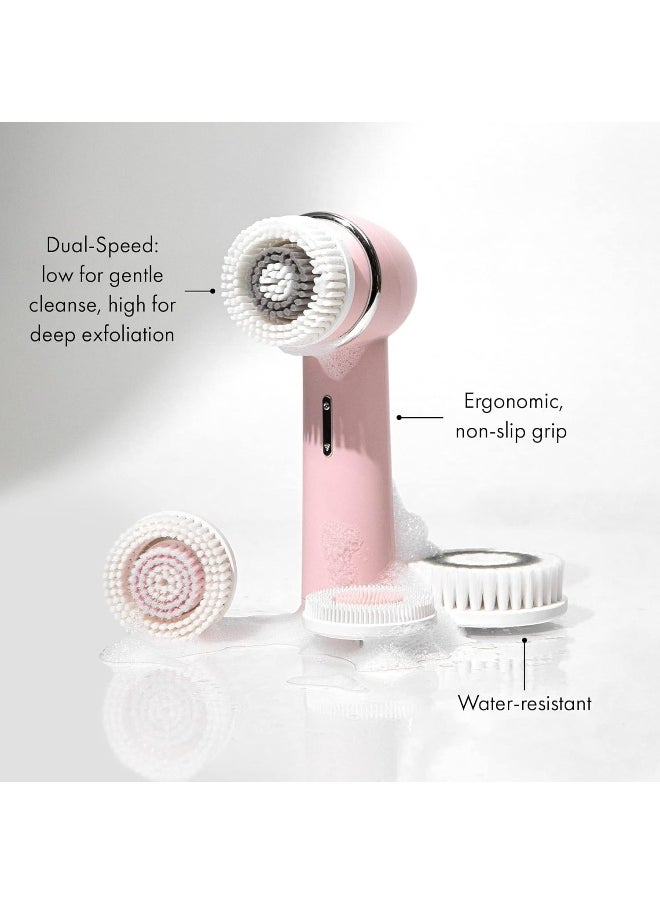 Raedia 2.0 Facial Cleansing Brush, 4 Interchangeable Brush Heads, Pink - Daily Cleansing Face Exfoliator For Glowing & Acne Prone Skin - Lightweight Silicone Water-Resistant Body Brush