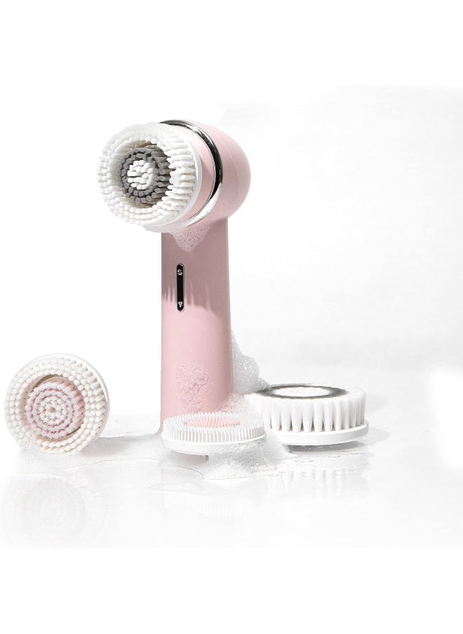 Raedia 2.0 Facial Cleansing Brush, 4 Interchangeable Brush Heads, Pink - Daily Cleansing Face Exfoliator For Glowing & Acne Prone Skin - Lightweight Silicone Water-Resistant Body Brush