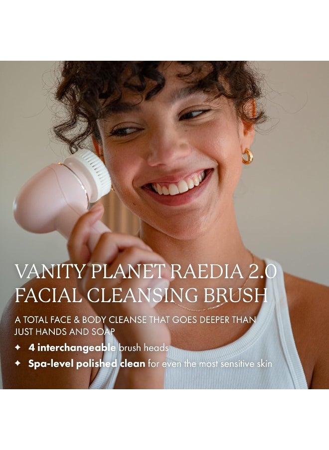 Raedia 2.0 Facial Cleansing Brush, 4 Interchangeable Brush Heads, Pink - Daily Cleansing Face Exfoliator For Glowing & Acne Prone Skin - Lightweight Silicone Water-Resistant Body Brush