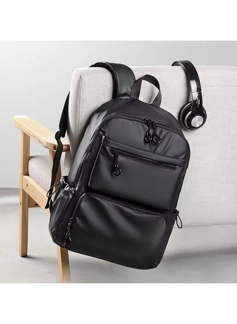 Luxury Waterproof Leather Backpack, Black, Multiple Compartments, Sport Travel Bag