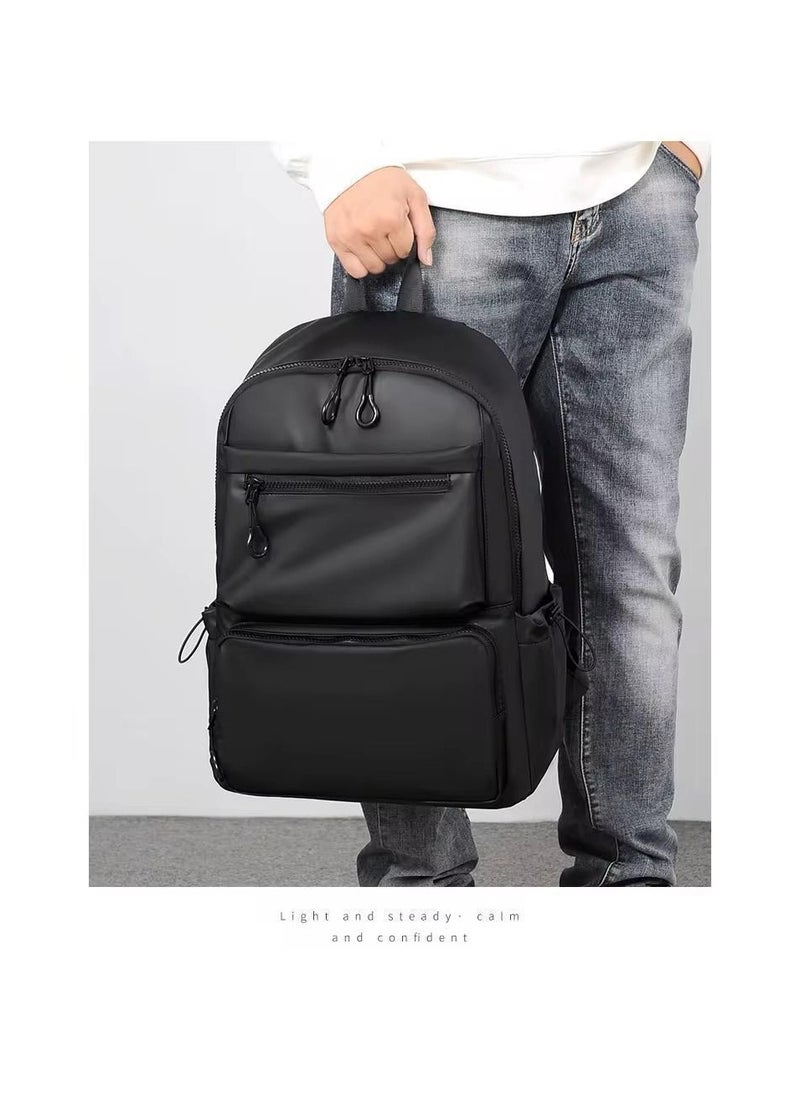 Luxury Waterproof Leather Backpack, Black, Multiple Compartments, Sport Travel Bag