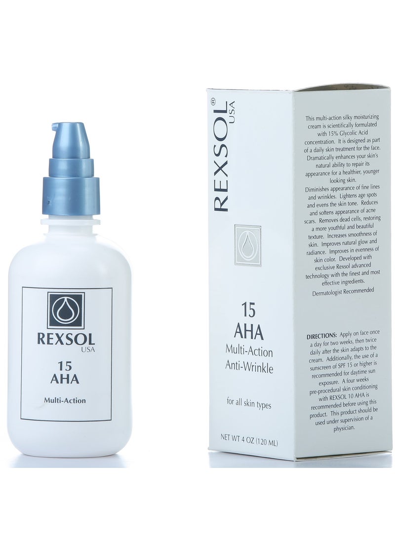 REXSOL 15 AHA Multi-action Anti-Wrinkle Cream | With Vitamin E, Algae Extract, Ginseng Extract, Calendula Extract, Caviar Extract | Diminishes appearance of fine lines & wrinkles (120 ml / 4 fl oz)