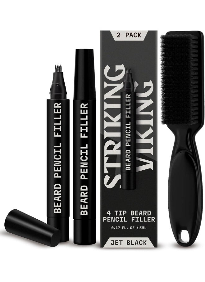 2 Pack Beard Pencil Filler For Men With 4 Tips - Updated Beard Filling Pen Kit With Brush, Long Lasting Waterproof Beard Pen - Fill, Shape, & Define Your Beard - (Black)