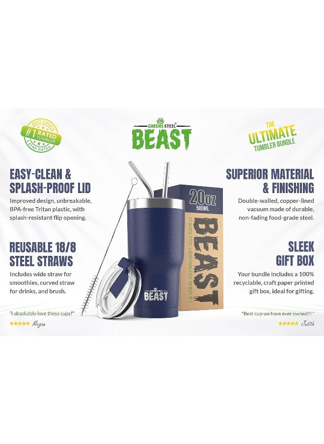 Beast Tumbler - 550 ml (20 oz), Royal Blue | Reusable Stainless Steel, Vacuum Insulated Cup | with + 2 Straws & Cleaning Brush | Double Wall Travel Flask Perfect for Hot or Iced Coffee | BPA Free