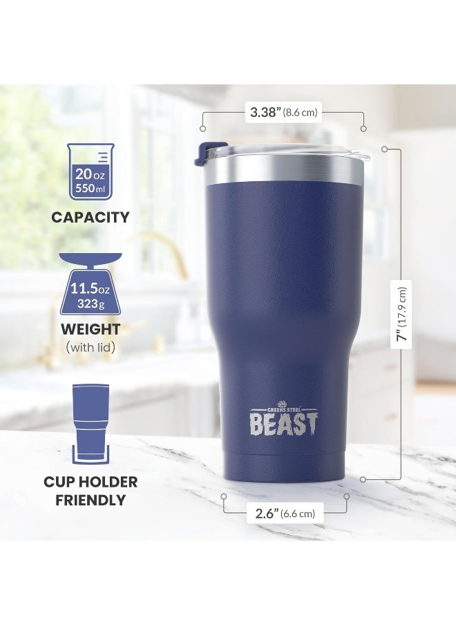 Beast Tumbler - 550 ml (20 oz), Royal Blue | Reusable Stainless Steel, Vacuum Insulated Cup | with + 2 Straws & Cleaning Brush | Double Wall Travel Flask Perfect for Hot or Iced Coffee | BPA Free