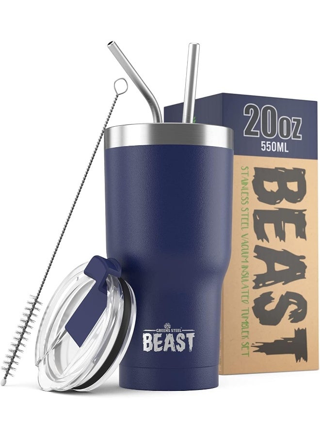 Beast Tumbler - 550 ml (20 oz), Royal Blue | Reusable Stainless Steel, Vacuum Insulated Cup | with + 2 Straws & Cleaning Brush | Double Wall Travel Flask Perfect for Hot or Iced Coffee | BPA Free