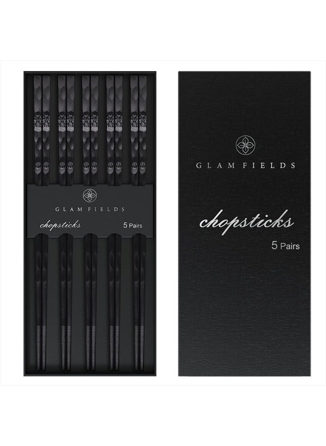 5 Pairs Japanese Fiberglass Chopsticks, GLAMFIELDS Reusable Chop sticks Dishwasher Safe, Non-slip, 9 1/2 inches - Gift Set Black