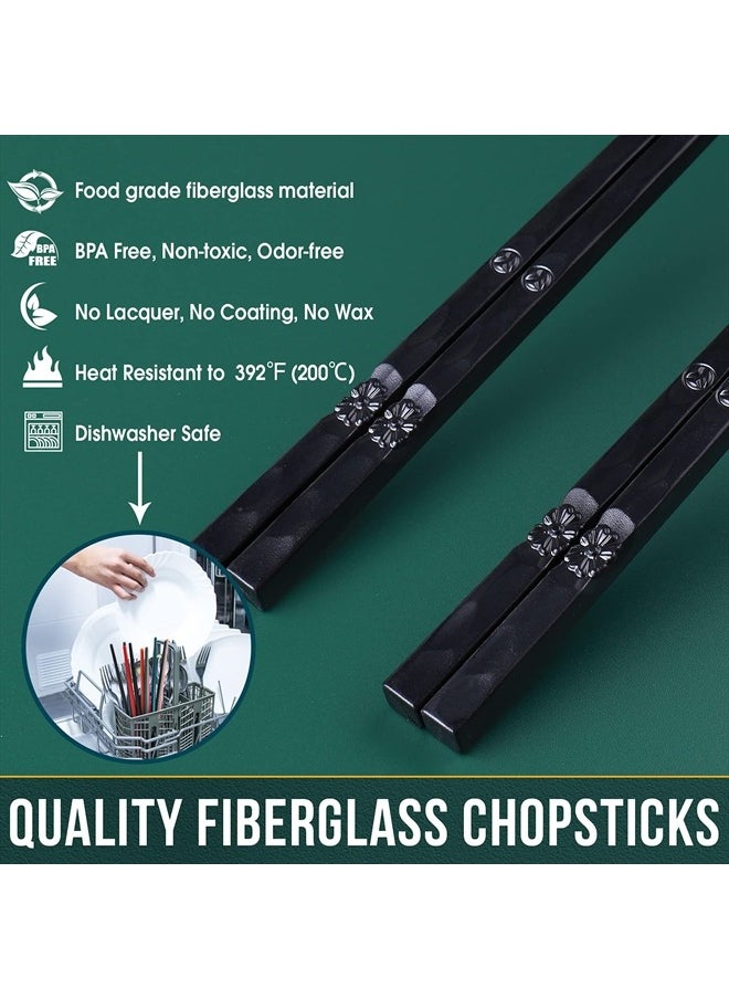 5 Pairs Japanese Fiberglass Chopsticks, GLAMFIELDS Reusable Chop sticks Dishwasher Safe, Non-slip, 9 1/2 inches - Gift Set Black