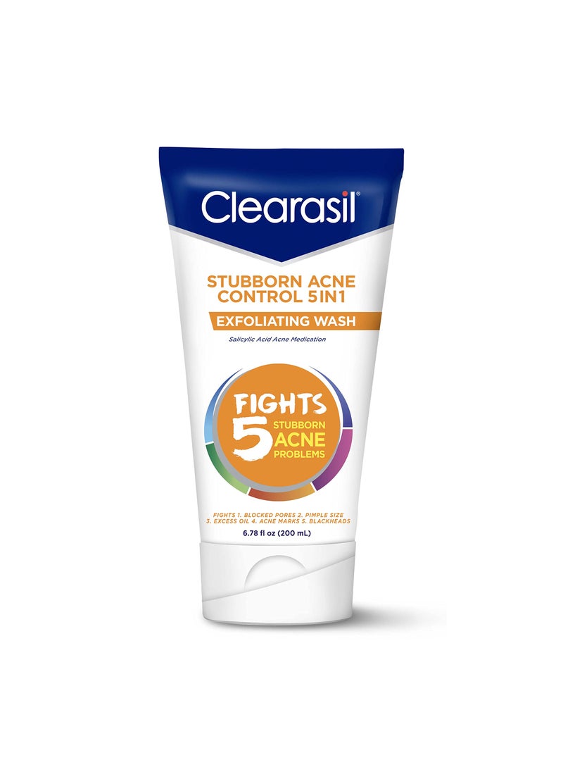 Clearasil Stubborn Acne Control 5in1 Exfoliating Wash, Maximum Strenght with 2% Salicylic Acid Acne Treatment Medicine, Daily Acne Facial Cleanser 6.78 fl oz