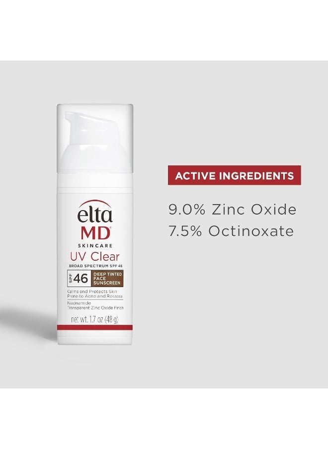 Uv Clear Deep Tint Face Sunscreen, Spf 46 Tinted Sunscreen With Zinc Oxide, Oil-Free, For Sensitive Skin, Acne-Prone Skin, Lightweight, Dermatologist Recommended, 1.7 Oz