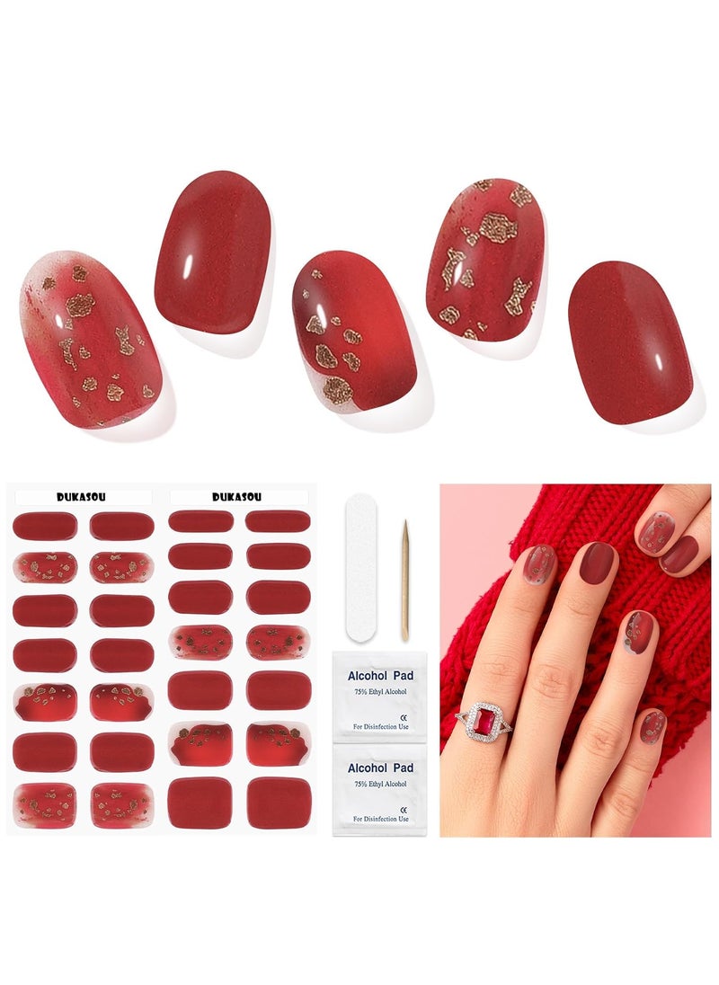 DUKASOU Semi Cured Gel Nail Strips for Christmas, 28 pcs Gel Nail Strips Work with Any UV Lamp, Long Lasting Gel Nail Stickers Full Nail Wraps, Salon Quality, Easy to Apply (China red)