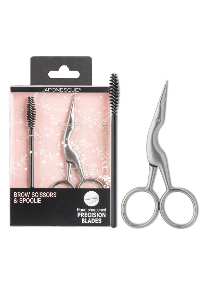 JAPONESQUE Brow Scissors and Spoolie, Stainless Steel Scissors for Brow Grooming and Trimming, Brush Tool for Brow Shaping