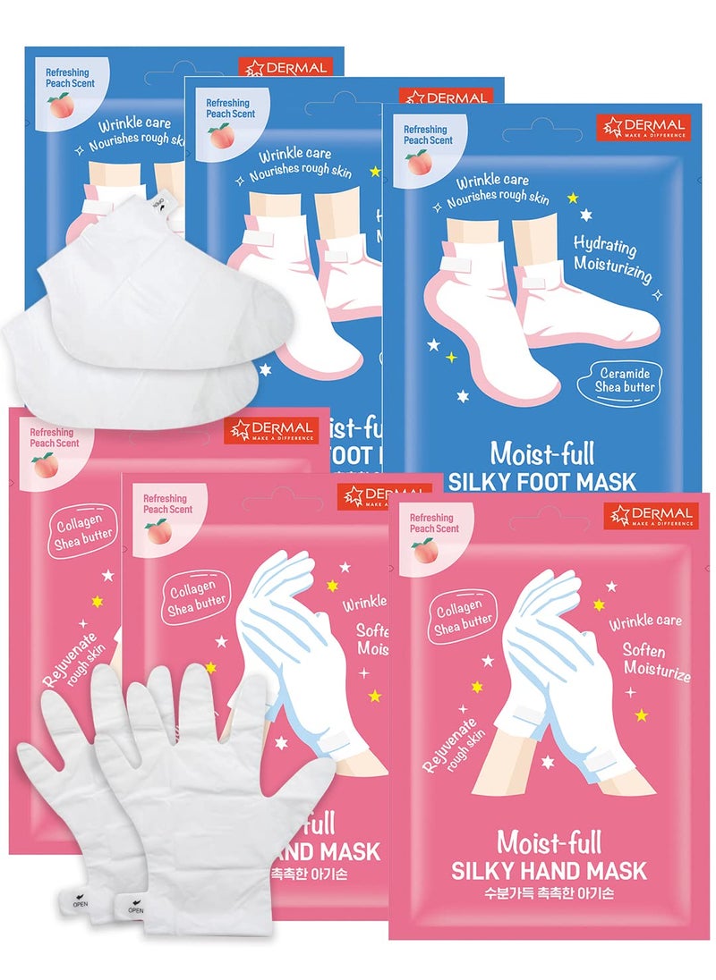 DERMAL Moistfull Silky Foot Socks & Hand Gloves Mask Combo 6 Pack - for Dry Feet and Hands - Home Spa Treatment - Dermatologist Tested, Cruelty Free, Korean Beauty