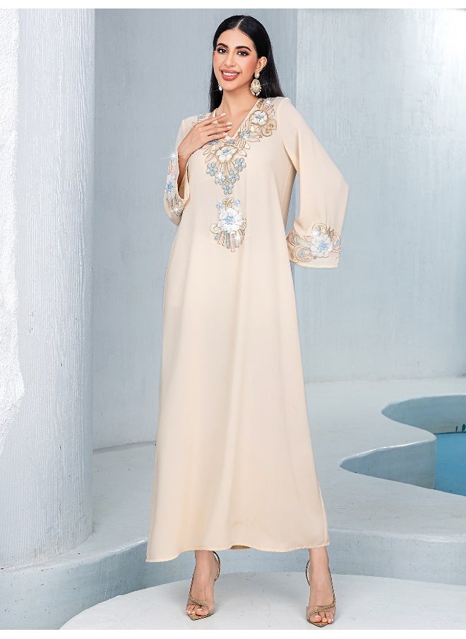 Peach Loose Casual Embroidered Floral Muslin Long Robe Stylish Dress