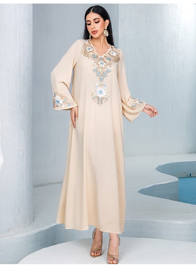 Peach Loose Casual Embroidered Floral Muslin Long Robe Stylish Dress