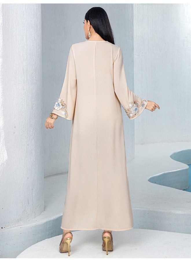Peach Loose Casual Embroidered Floral Muslin Long Robe Stylish Dress